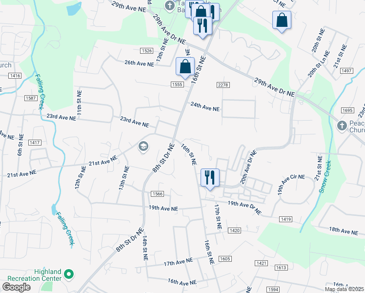 map of restaurants, bars, coffee shops, grocery stores, and more near 2045 16th Street Northeast in Hickory