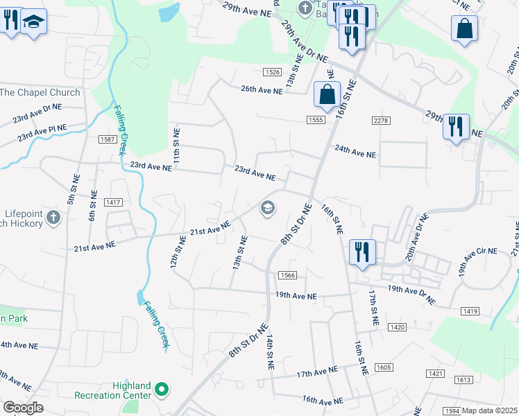 map of restaurants, bars, coffee shops, grocery stores, and more near 1386 21st Avenue Northeast in Hickory