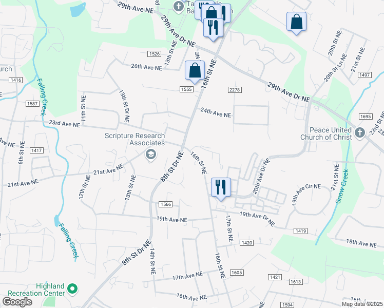 map of restaurants, bars, coffee shops, grocery stores, and more near 2045 16th Street Northeast in Hickory