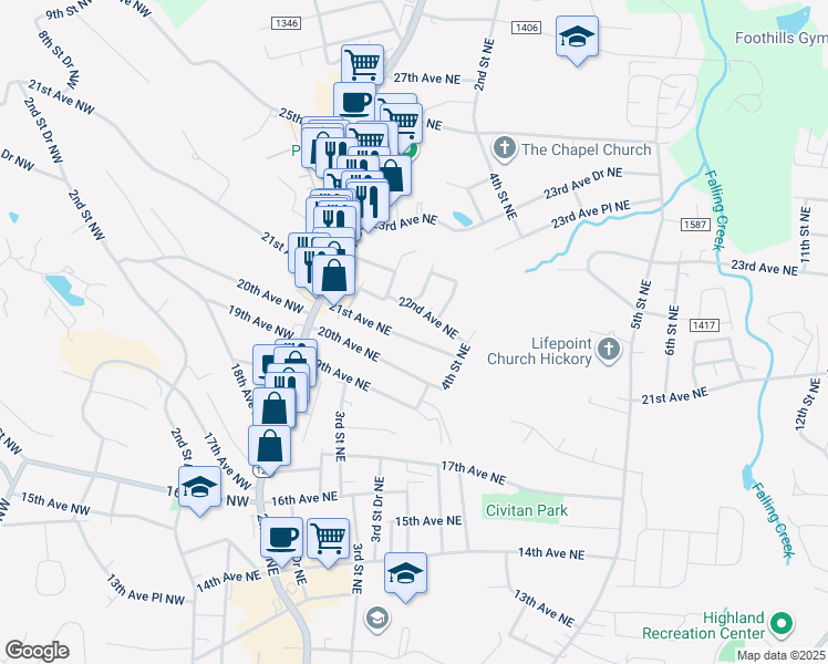 map of restaurants, bars, coffee shops, grocery stores, and more near 337 21st Avenue Northeast in Hickory