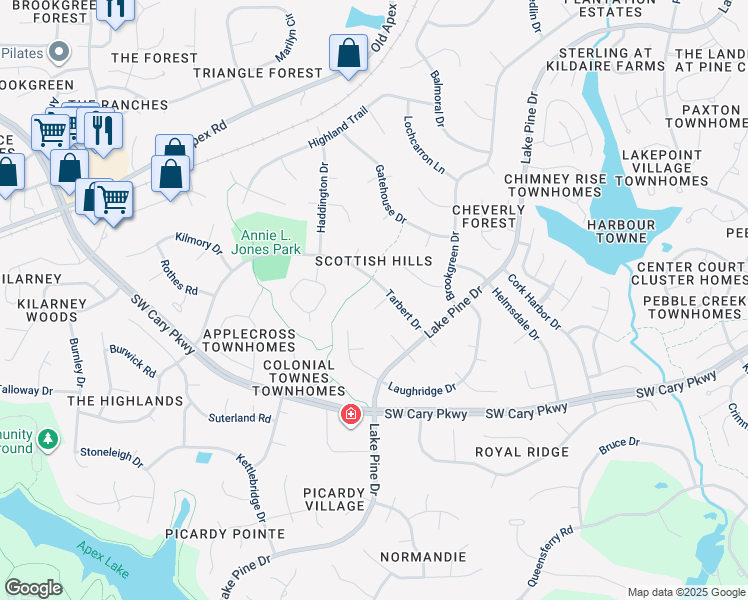 map of restaurants, bars, coffee shops, grocery stores, and more near 1206 Wishaw Court in Cary