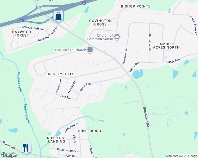 map of restaurants, bars, coffee shops, grocery stores, and more near 300 Sandy Run in Knightdale