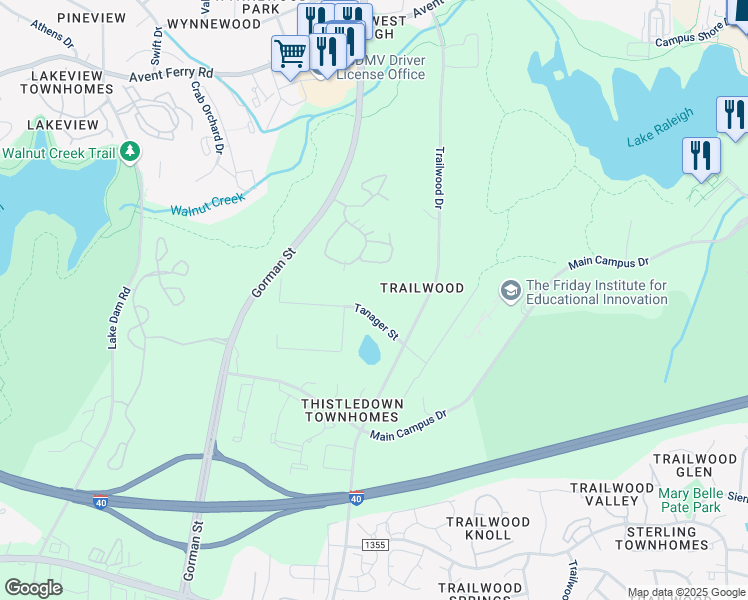 map of restaurants, bars, coffee shops, grocery stores, and more near 3120 Tanager Street in Raleigh