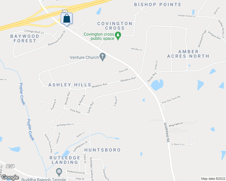 map of restaurants, bars, coffee shops, grocery stores, and more near 300 Sandy Run in Knightdale