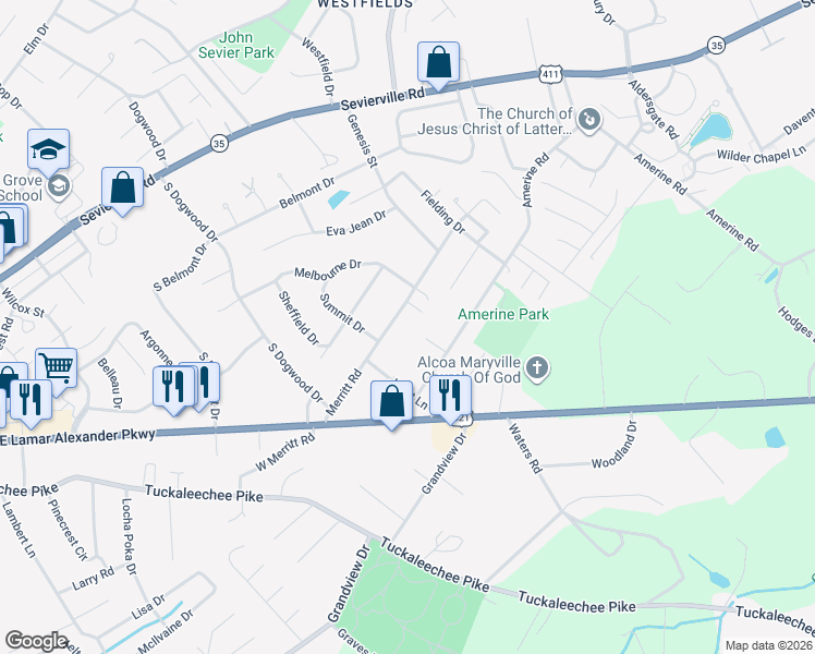 map of restaurants, bars, coffee shops, grocery stores, and more near 129 Browns Court in Maryville