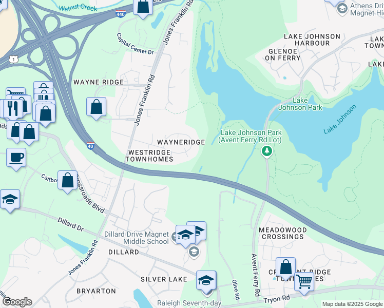 map of restaurants, bars, coffee shops, grocery stores, and more near 5363 Wayne Street in Raleigh