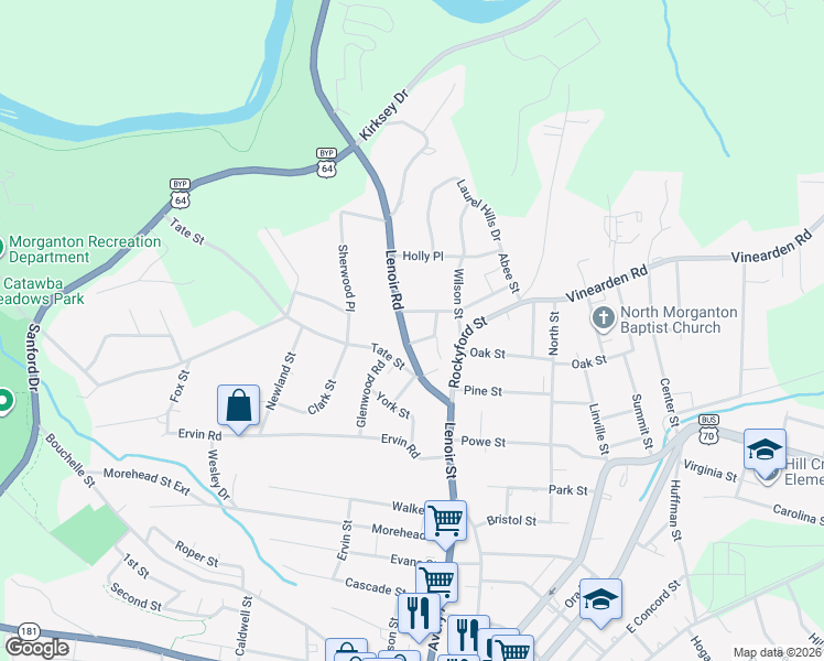 map of restaurants, bars, coffee shops, grocery stores, and more near 114 Lenoir Road in Morganton