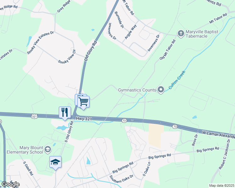map of restaurants, bars, coffee shops, grocery stores, and more near 1624 Old Mount Tabor Road in Maryville