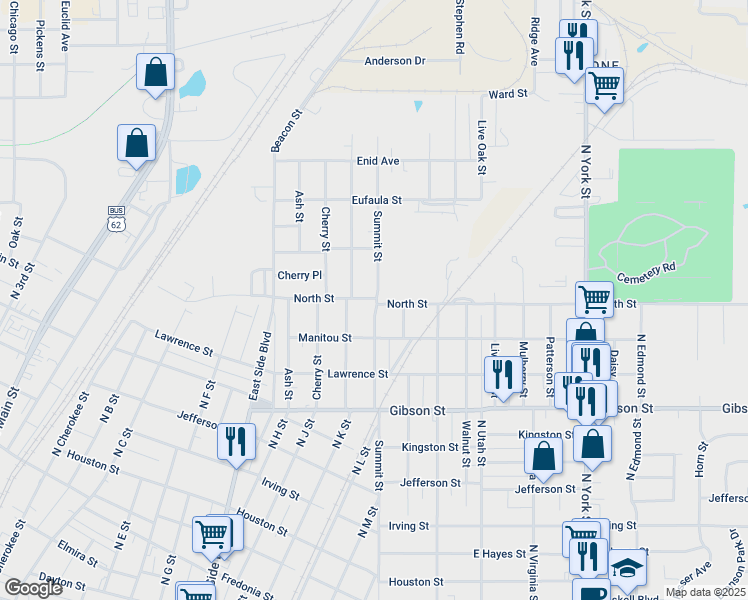 map of restaurants, bars, coffee shops, grocery stores, and more near 1322 Summit Street in Muskogee