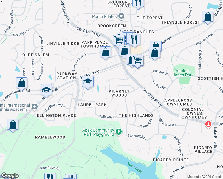 map of restaurants, bars, coffee shops, grocery stores, and more near 3036 Kilarney Ridge Loop in Cary