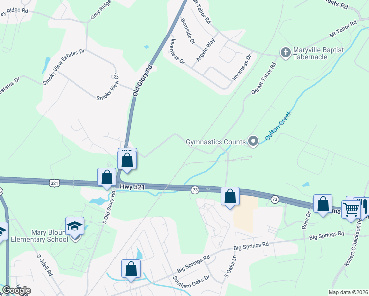 map of restaurants, bars, coffee shops, grocery stores, and more near 1624 Old Mount Tabor Road in Maryville