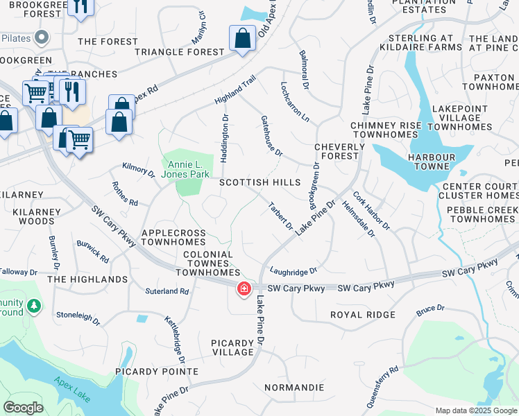 map of restaurants, bars, coffee shops, grocery stores, and more near 1206 Wishaw Court in Cary