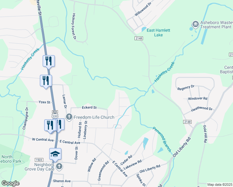 map of restaurants, bars, coffee shops, grocery stores, and more near 2111 King Court in Asheboro