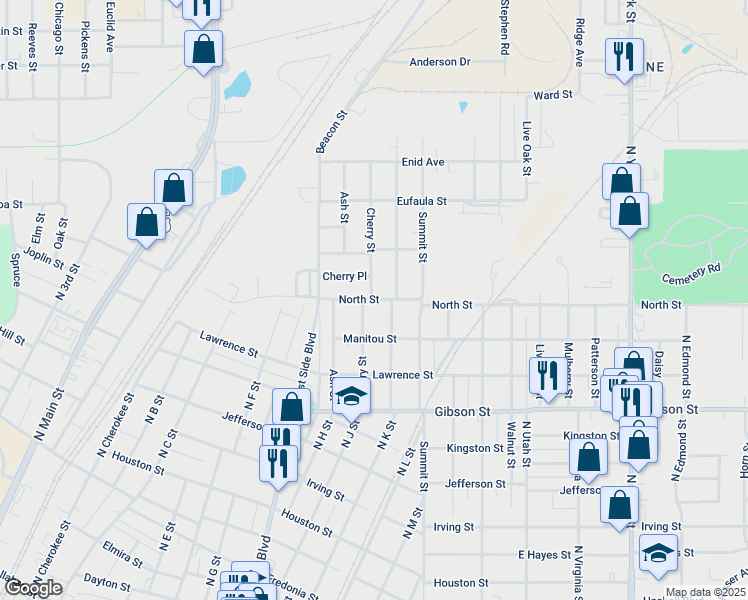 map of restaurants, bars, coffee shops, grocery stores, and more near 1330 Cherry Street in Muskogee