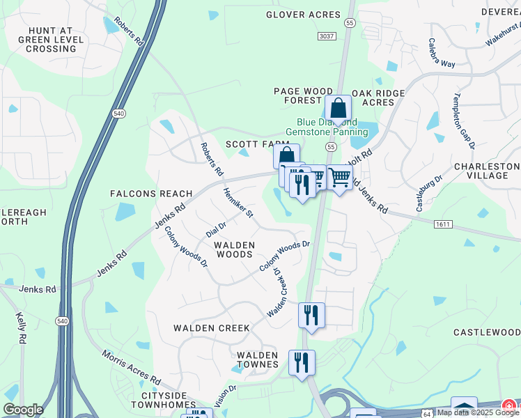 map of restaurants, bars, coffee shops, grocery stores, and more near 2201 Dial Drive in Apex
