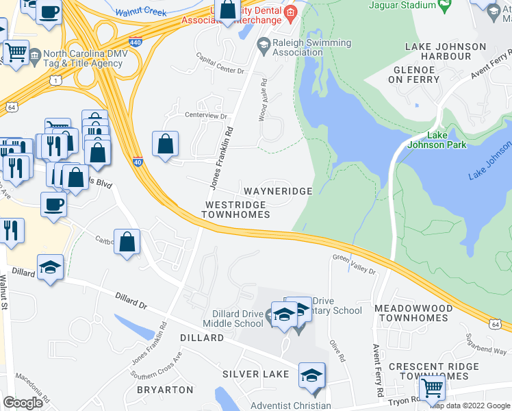map of restaurants, bars, coffee shops, grocery stores, and more near 1605 Hammock Place in Raleigh