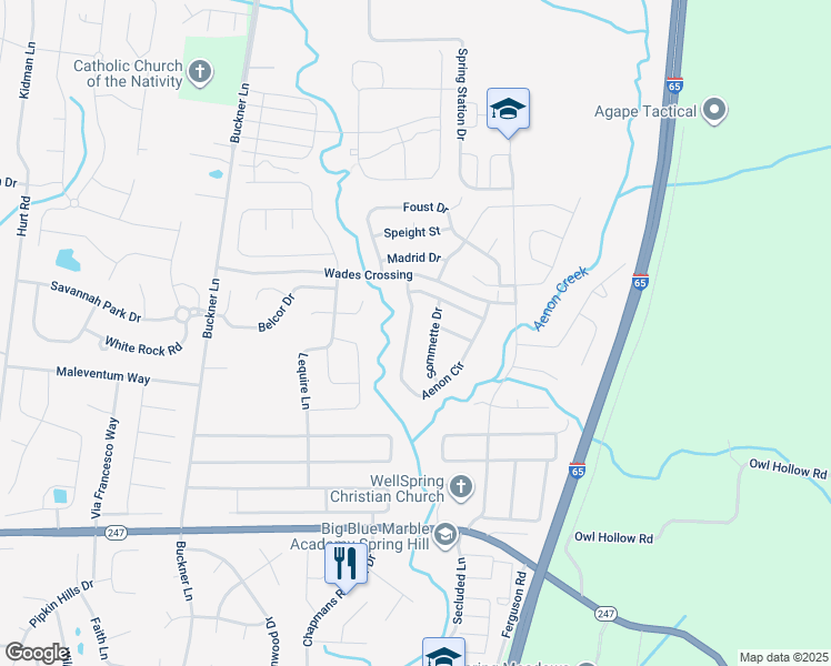 map of restaurants, bars, coffee shops, grocery stores, and more near 1017 Aenon Circle in Spring Hill