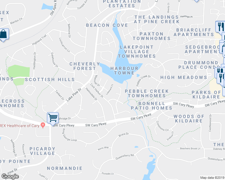 map of restaurants, bars, coffee shops, grocery stores, and more near 102 Leeward Court in Cary
