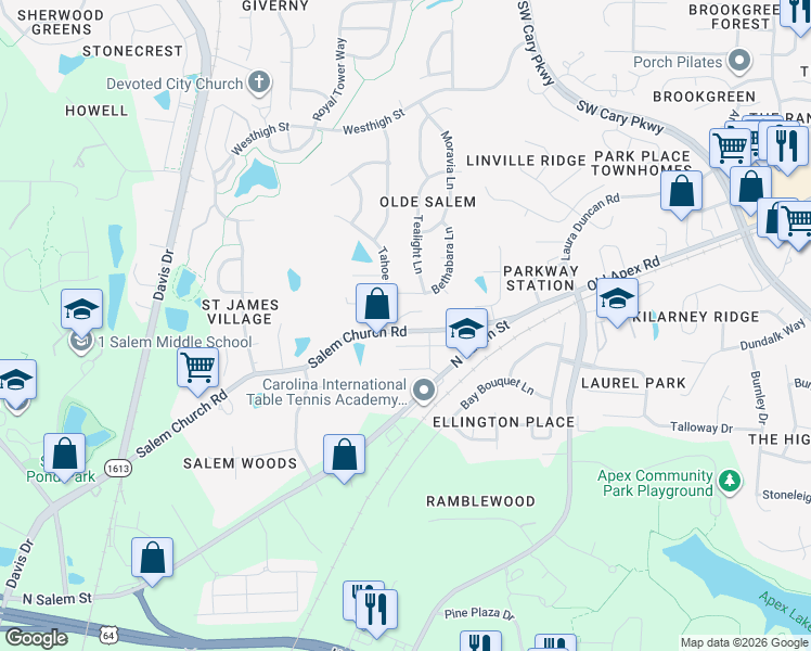 map of restaurants, bars, coffee shops, grocery stores, and more near 856 New Derby Lane in Apex