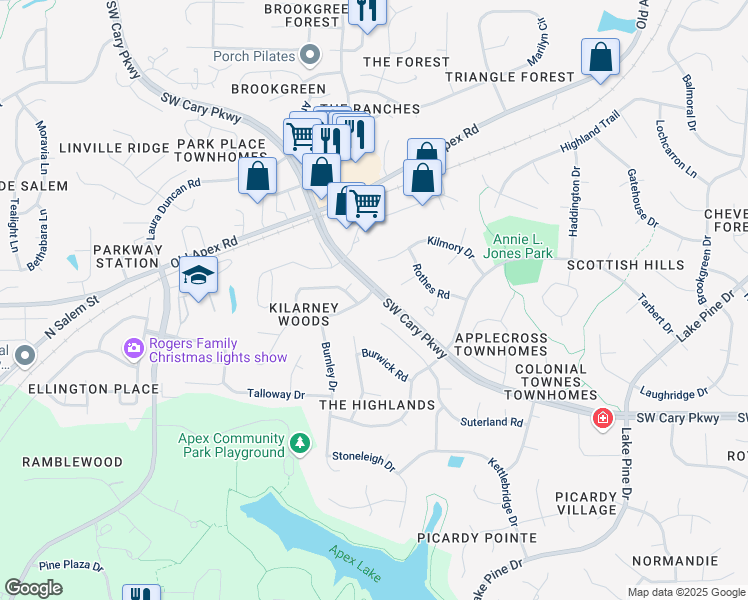 map of restaurants, bars, coffee shops, grocery stores, and more near 101 Dundalk Way in Cary