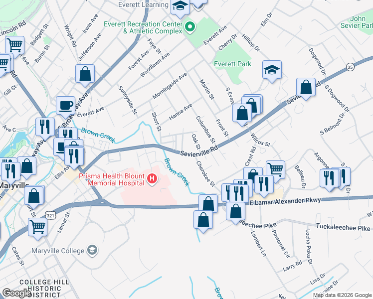 map of restaurants, bars, coffee shops, grocery stores, and more near 1412 Sevierville Road in Maryville