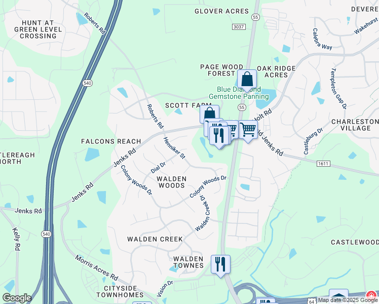map of restaurants, bars, coffee shops, grocery stores, and more near 2201 Dial Drive in Apex