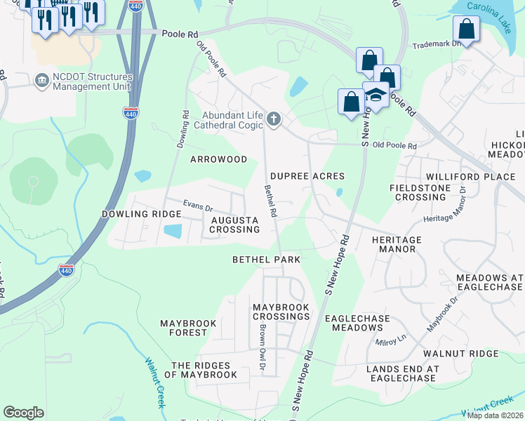 map of restaurants, bars, coffee shops, grocery stores, and more near 4207 Evans Drive in Raleigh