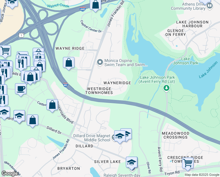 map of restaurants, bars, coffee shops, grocery stores, and more near 1625 Hammock Place in Raleigh