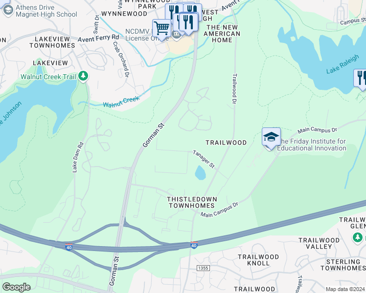 map of restaurants, bars, coffee shops, grocery stores, and more near 3202 Tanager Street in Raleigh