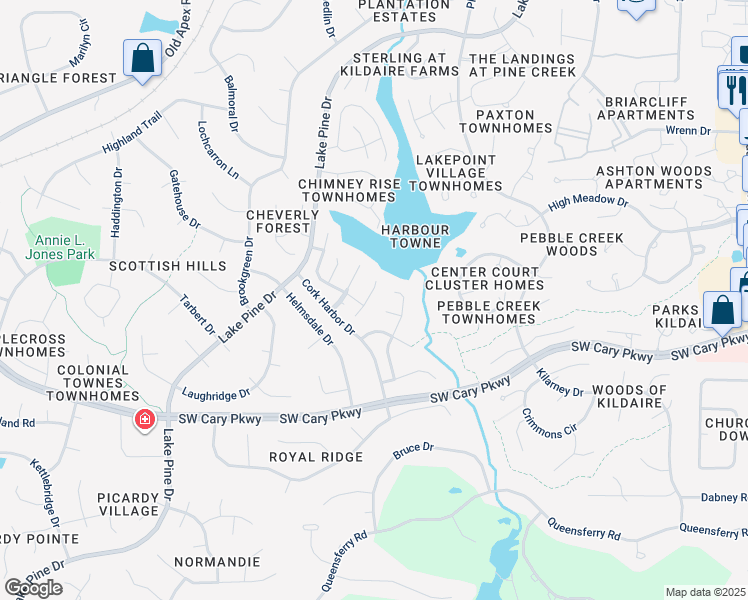 map of restaurants, bars, coffee shops, grocery stores, and more near 102 Leeward Court in Cary