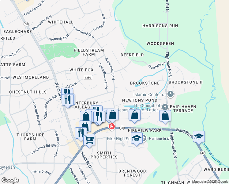 map of restaurants, bars, coffee shops, grocery stores, and more near 1470 Daisy Lane North in Wilson