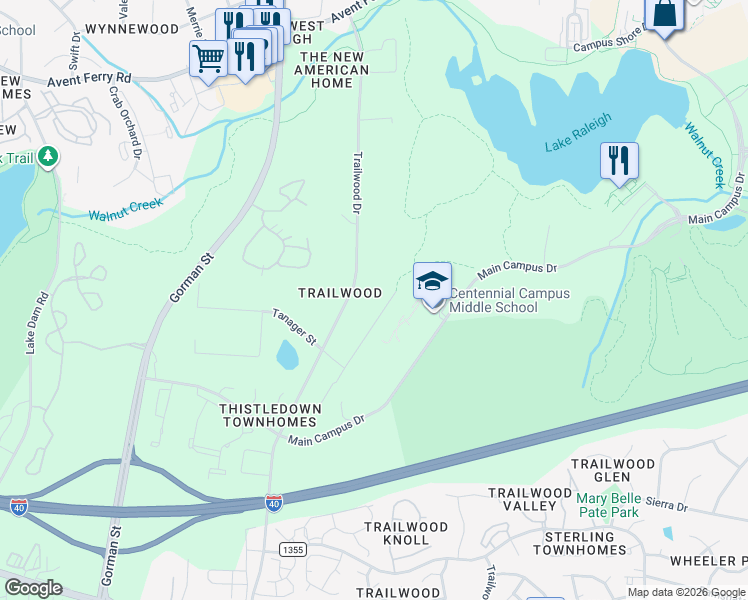 map of restaurants, bars, coffee shops, grocery stores, and more near 1600 Crump Road in Raleigh
