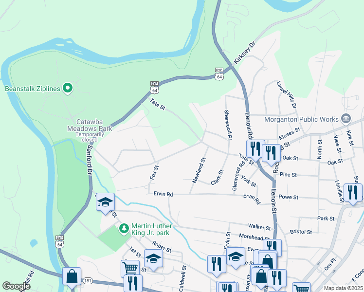 map of restaurants, bars, coffee shops, grocery stores, and more near 407 Alexander Avenue in Morganton