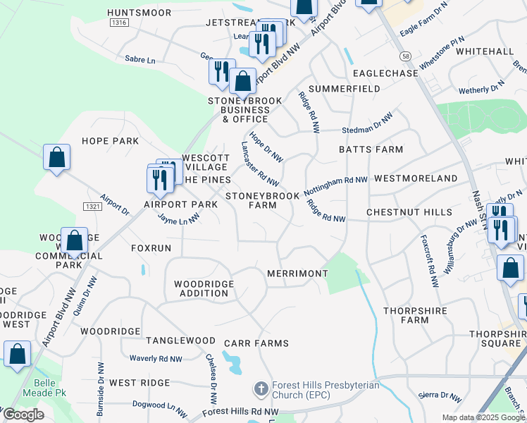 map of restaurants, bars, coffee shops, grocery stores, and more near 3310 Brook Lane Northwest in Wilson