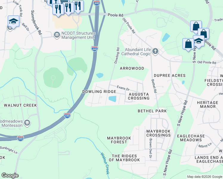 map of restaurants, bars, coffee shops, grocery stores, and more near 3924 Carolina Cherry Drive in Raleigh