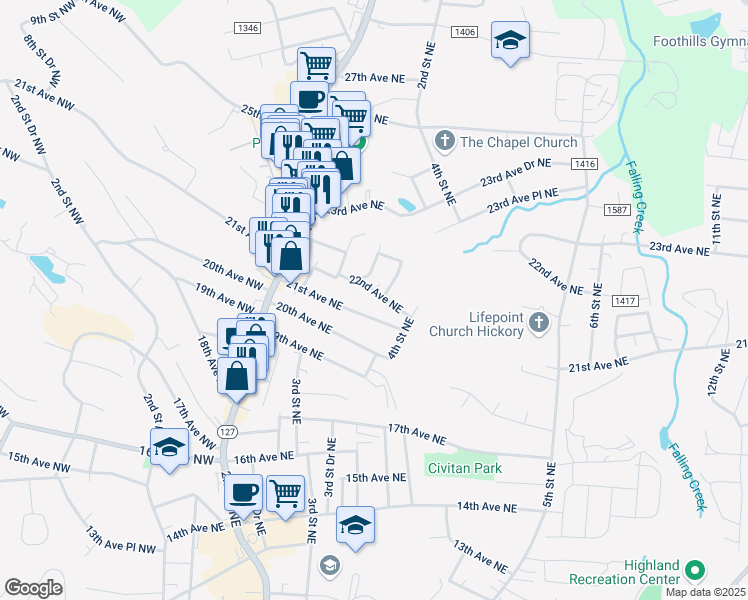 map of restaurants, bars, coffee shops, grocery stores, and more near 363 21st Avenue Northeast in Hickory