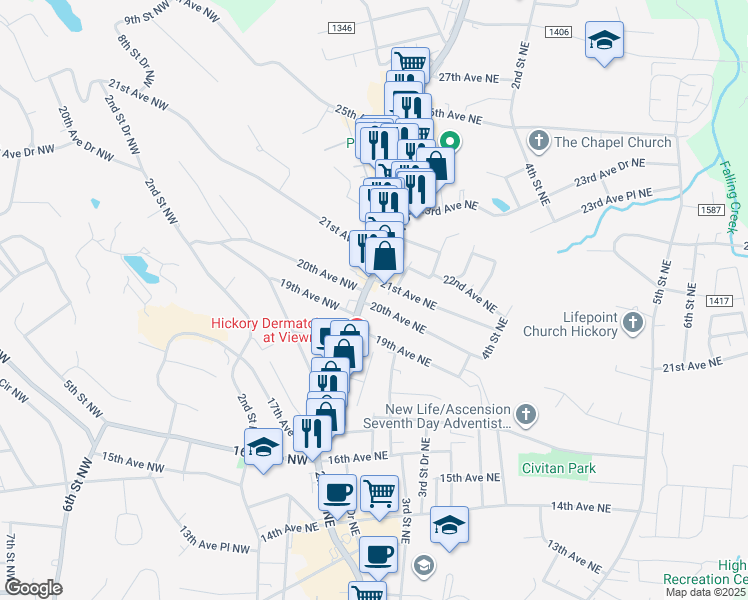 map of restaurants, bars, coffee shops, grocery stores, and more near 1920 N Center St in Hickory