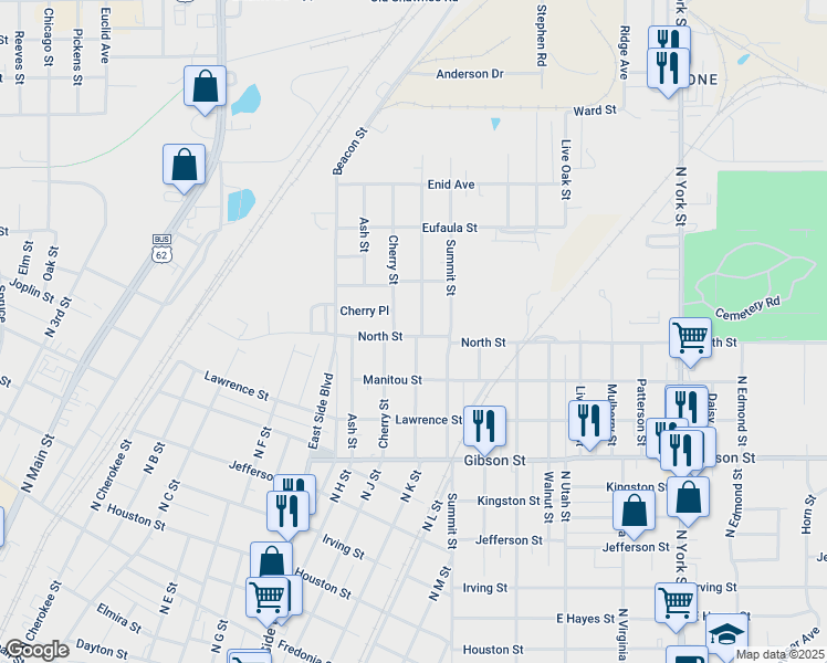 map of restaurants, bars, coffee shops, grocery stores, and more near 1326 Locust Street in Muskogee