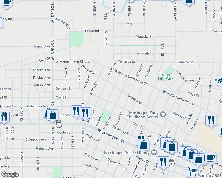 map of restaurants, bars, coffee shops, grocery stores, and more near 443 North 16th Street in Muskogee