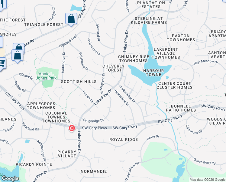 map of restaurants, bars, coffee shops, grocery stores, and more near 1301 Lake Pine Drive in Cary