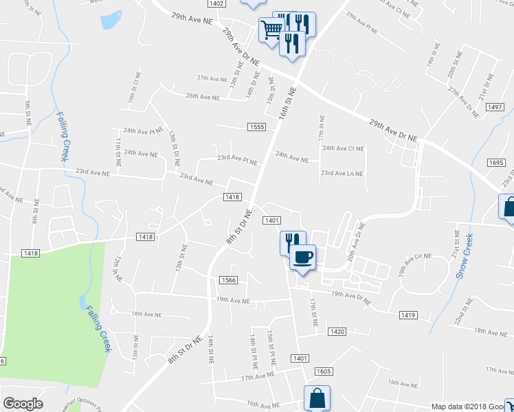 map of restaurants, bars, coffee shops, grocery stores, and more near 2099 16th Street Northeast in Hickory