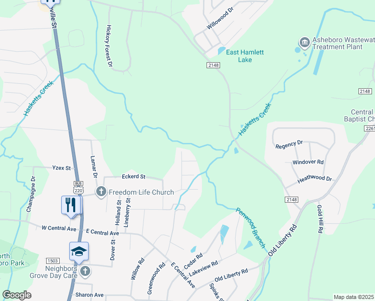 map of restaurants, bars, coffee shops, grocery stores, and more near 2112 King Court in Asheboro