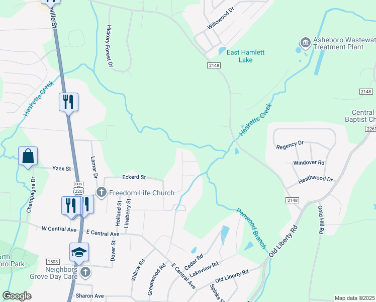 map of restaurants, bars, coffee shops, grocery stores, and more near 2112 King Court in Asheboro