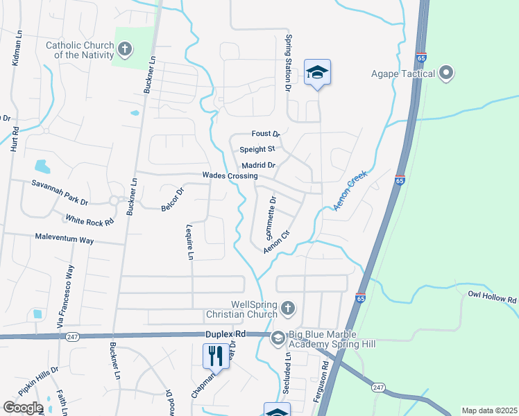 map of restaurants, bars, coffee shops, grocery stores, and more near 1015 Aenon Circle in Spring Hill