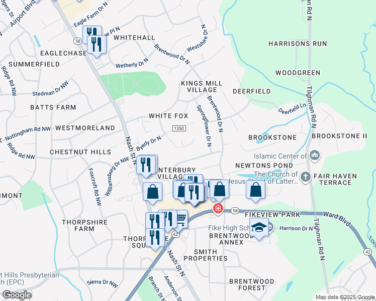 map of restaurants, bars, coffee shops, grocery stores, and more near 2621 Joel Lane North in Wilson