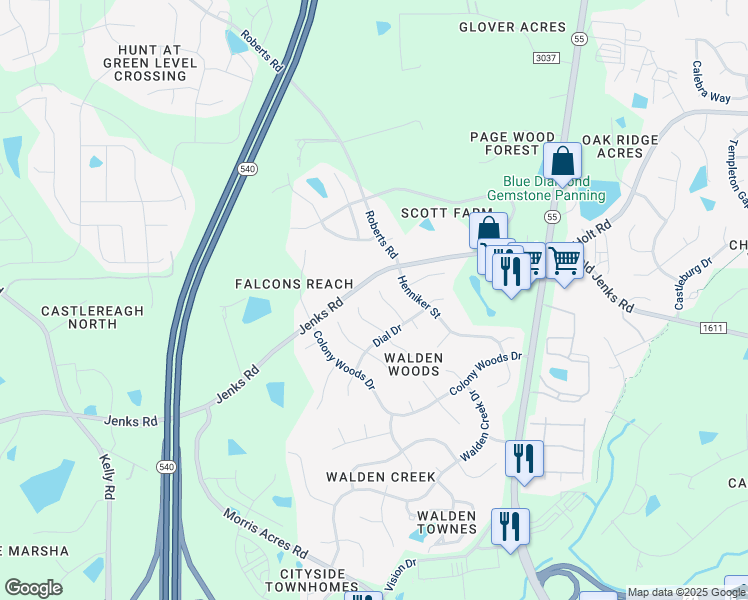 map of restaurants, bars, coffee shops, grocery stores, and more near 2111 Peabody Place in Apex