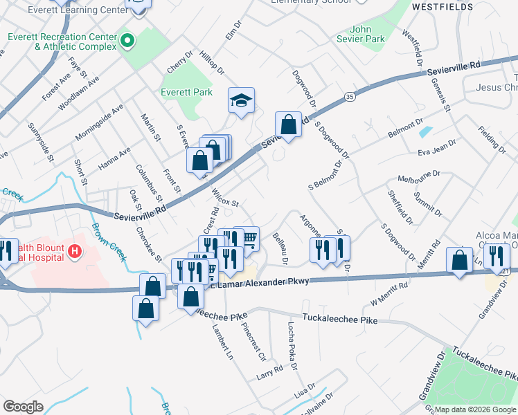 map of restaurants, bars, coffee shops, grocery stores, and more near 1804 Navarone Circle in Maryville