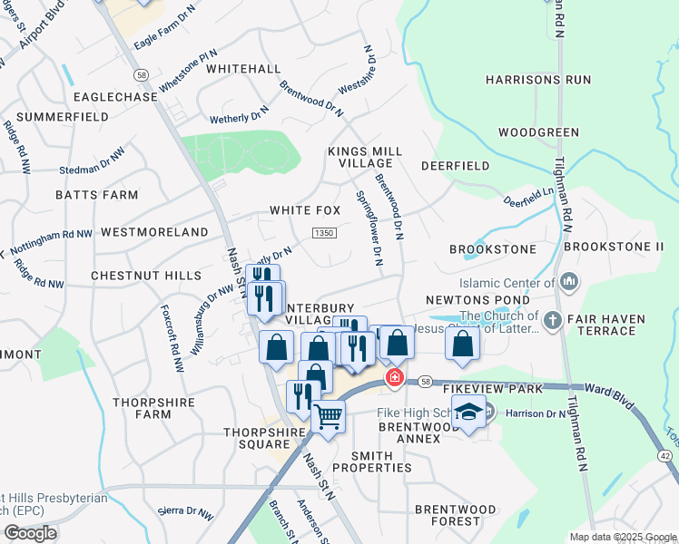 map of restaurants, bars, coffee shops, grocery stores, and more near 2621 Joel Lane North in Wilson