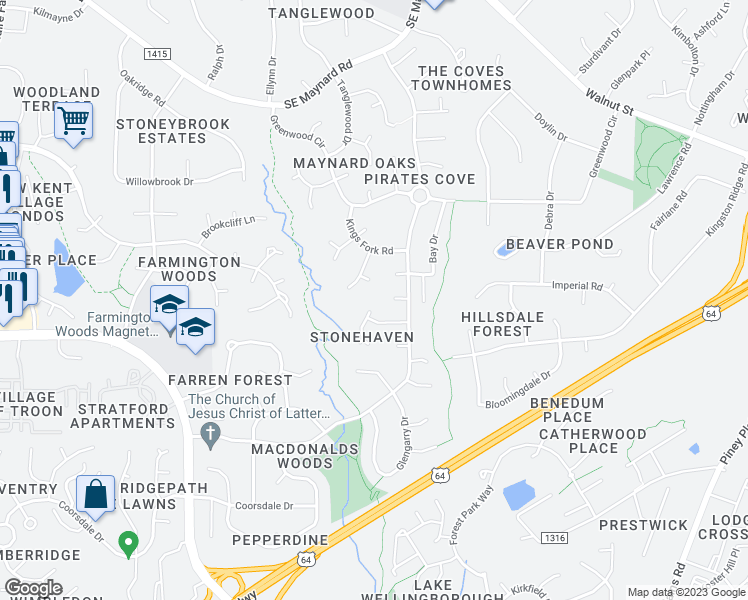 map of restaurants, bars, coffee shops, grocery stores, and more near 107 Shotts Court in Cary