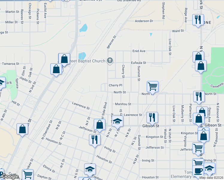 map of restaurants, bars, coffee shops, grocery stores, and more near 1254 East Side Boulevard in Muskogee